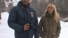 Hot blonde Jasmin pees in the snow and goes home to get fisted