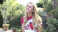 Dazzling blonde cheerleader Mae Meyers gets pounded by two hung boys