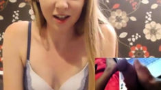 Cute tiny teen is scared of huge dick on webcam