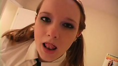 Naughty schoolgirl with big tits Halo offers her boyfriend a lap dance