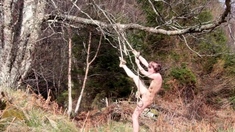 Naked self-bondage in the woods gone wrong.